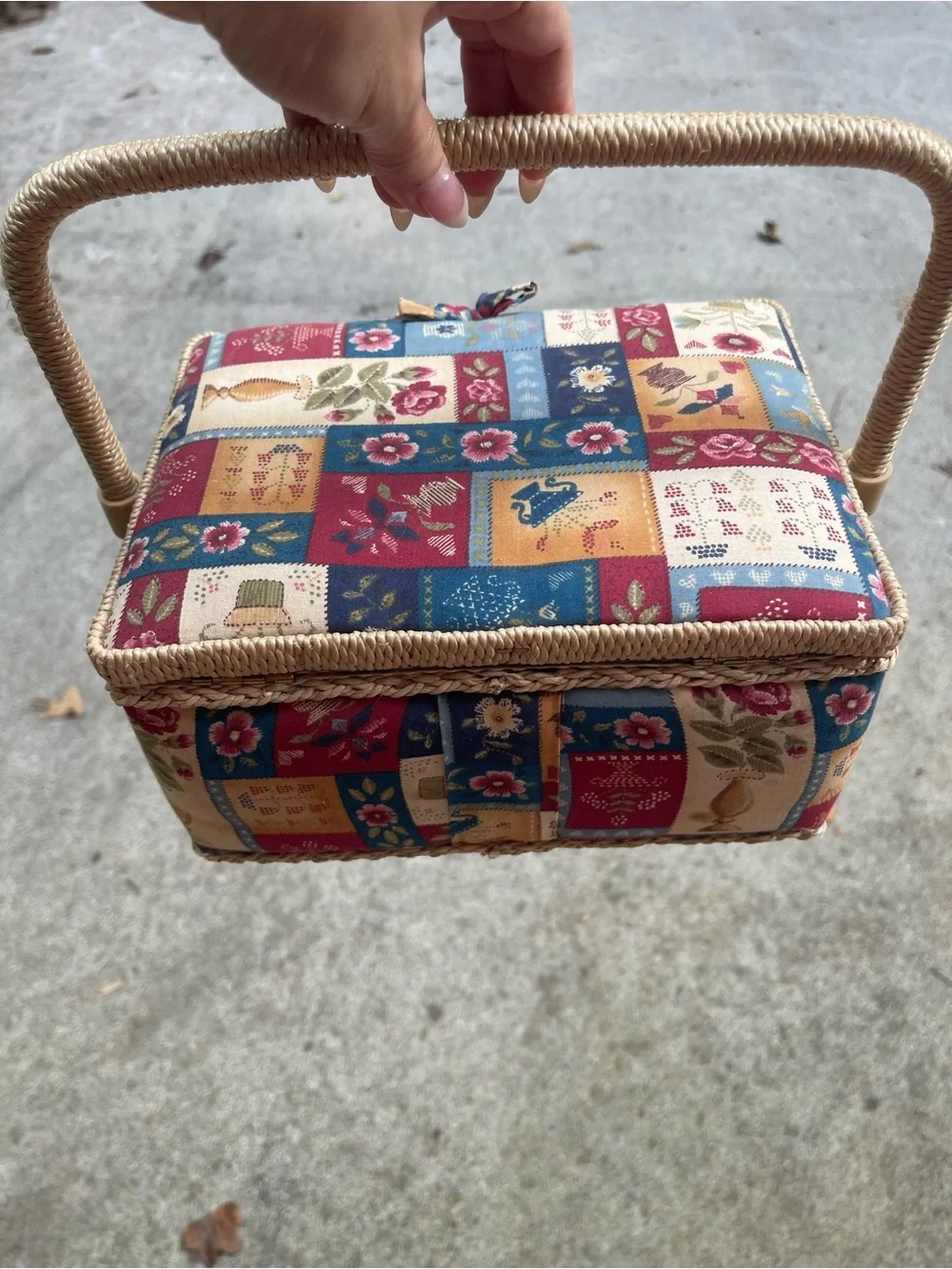 Patchwork Floral Sewing Basket with Woven Handle - Multicolor